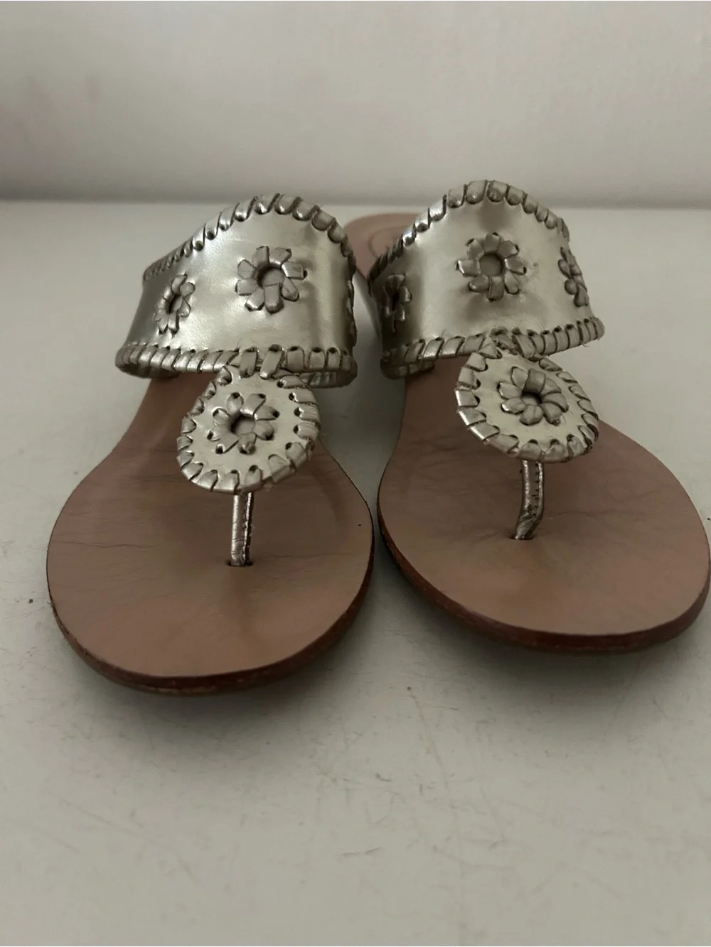Jack Rogers Champange Leather Wood Wedge Sandals | women's 8 | 2